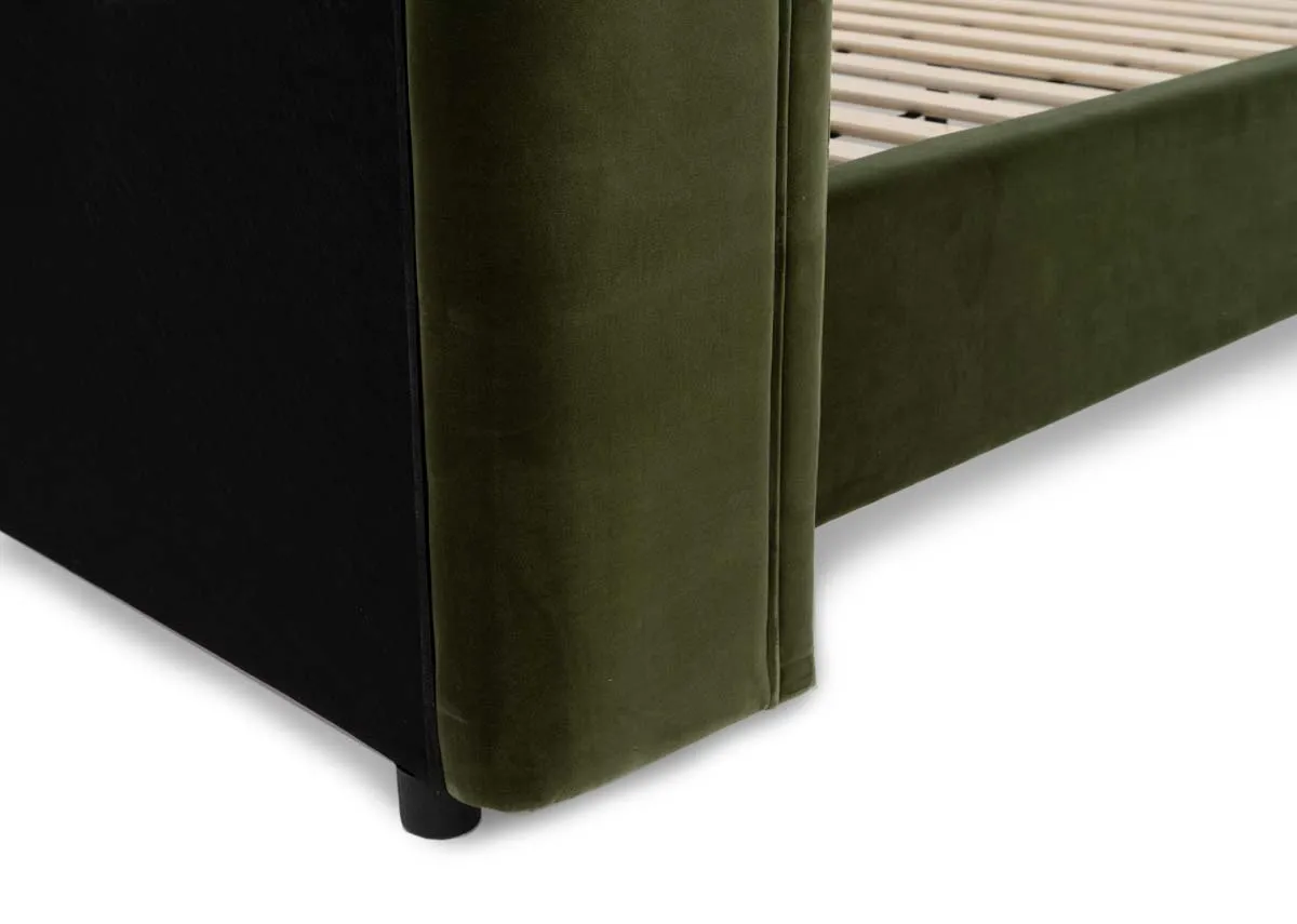 A dimension image of the Lowe Olive 5ft bed with 165cm x 220cm x 135.5cm