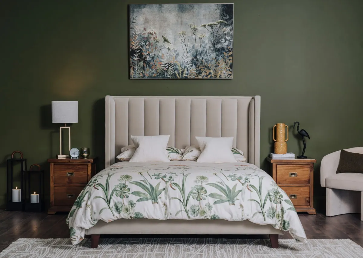 A lifetsyle image of the Lowe beige bedframe with Aisling lockers and fanciful canvas