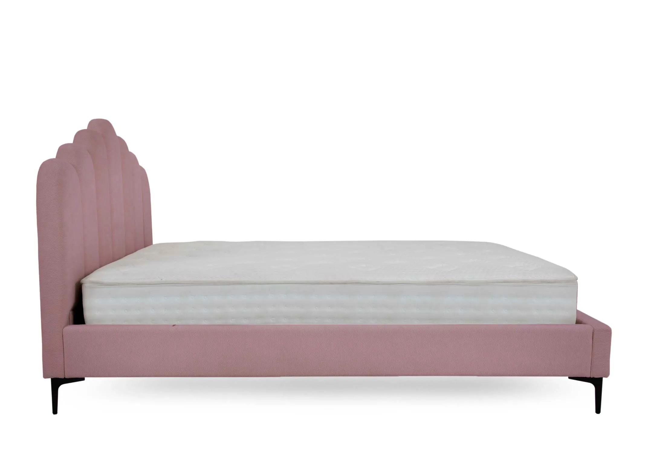 A pink bedframe with scalloped headboard from EZ Livings Fay range.Side view