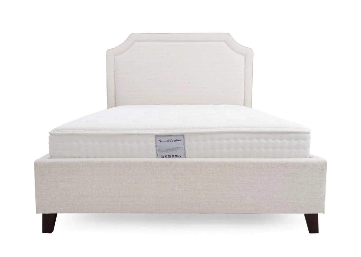 A beige fabric bed frame from EZ Livings Archie range. Front view