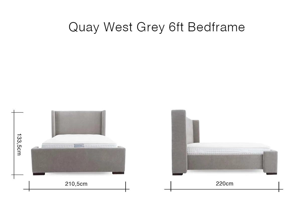 A dimension image of the Quay West 6ft bedframe with 210.5cm x 220cm x 133.5cm