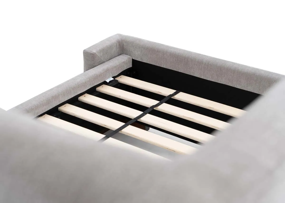A grey fabric bed frame with high winged headboard from EZ Livings Quay west range. Closeup of slat wood base