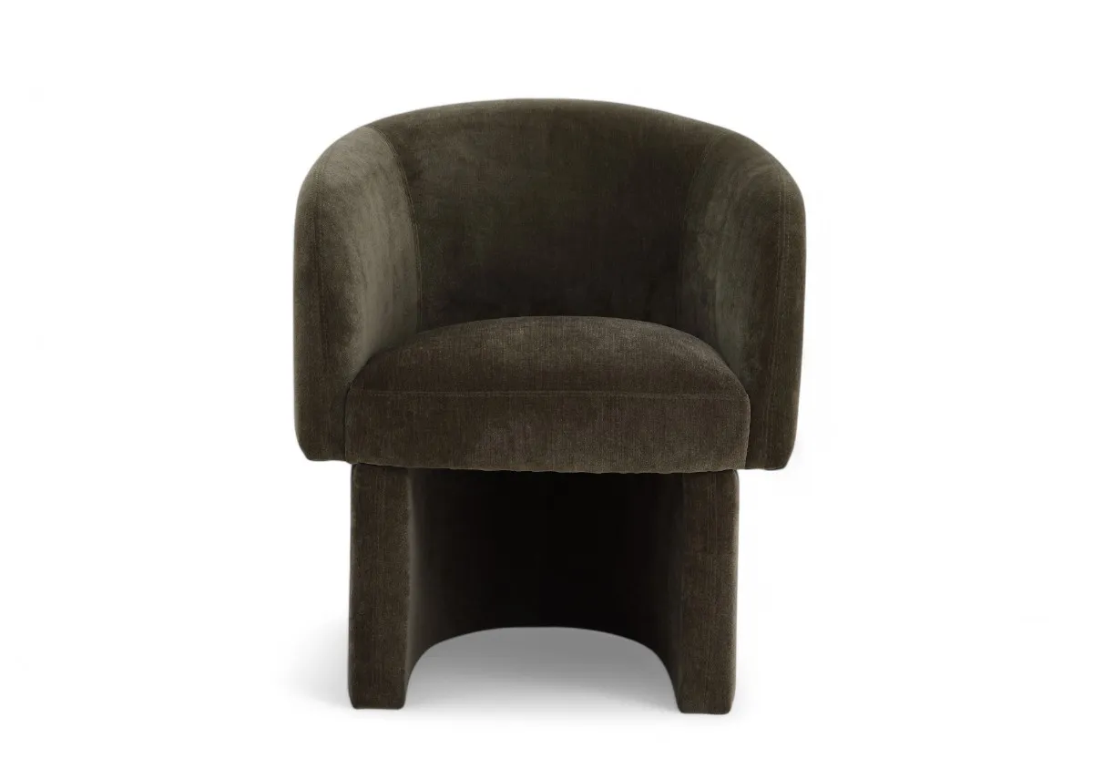 A tub shaped occasional chair in olive green velvet fabric from EZ Livings Hope range. Front view