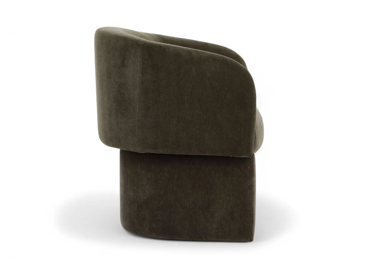 A tub shaped occasional chair in olive green velvet fabric from EZ Livings Hope range.Side view