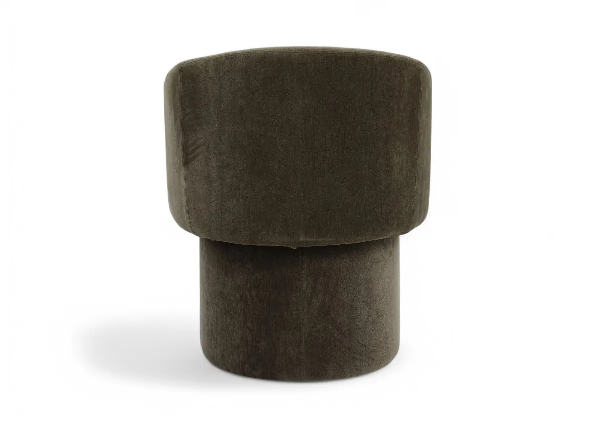A tub shaped occasional chair in olive green velvet fabric from EZ Livings Hope range.Back view of curved seat back