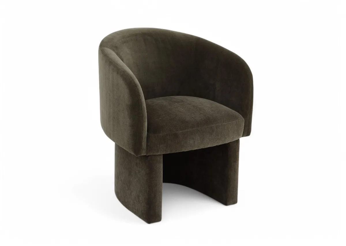 A tub shaped occasional chair in olive green velvet fabric from EZ Livings Hope range. Angled view.