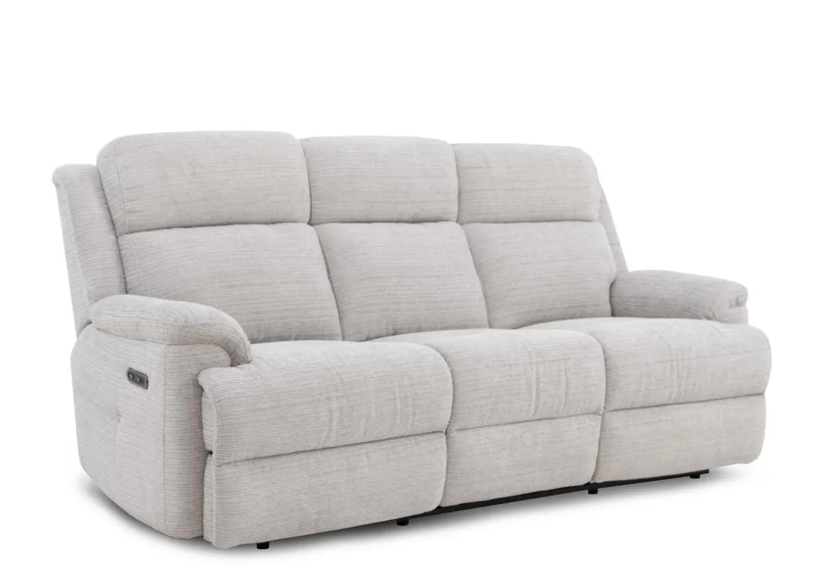 A silver fabric 3 seater from EZ Livings Embrace range. Angled view of sofa in fixed mode