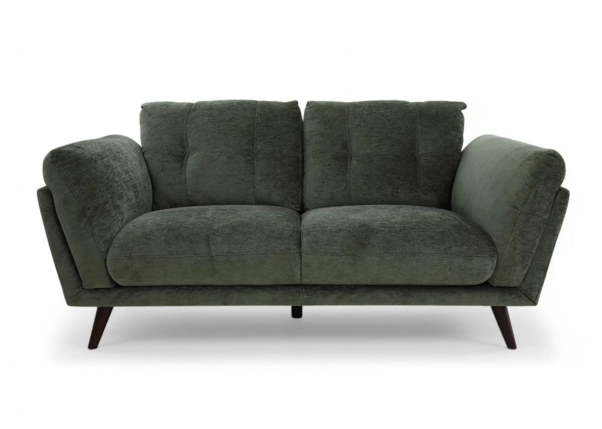 A green fabric 2 seater sofa from EZ Livings Toscana range.Front view