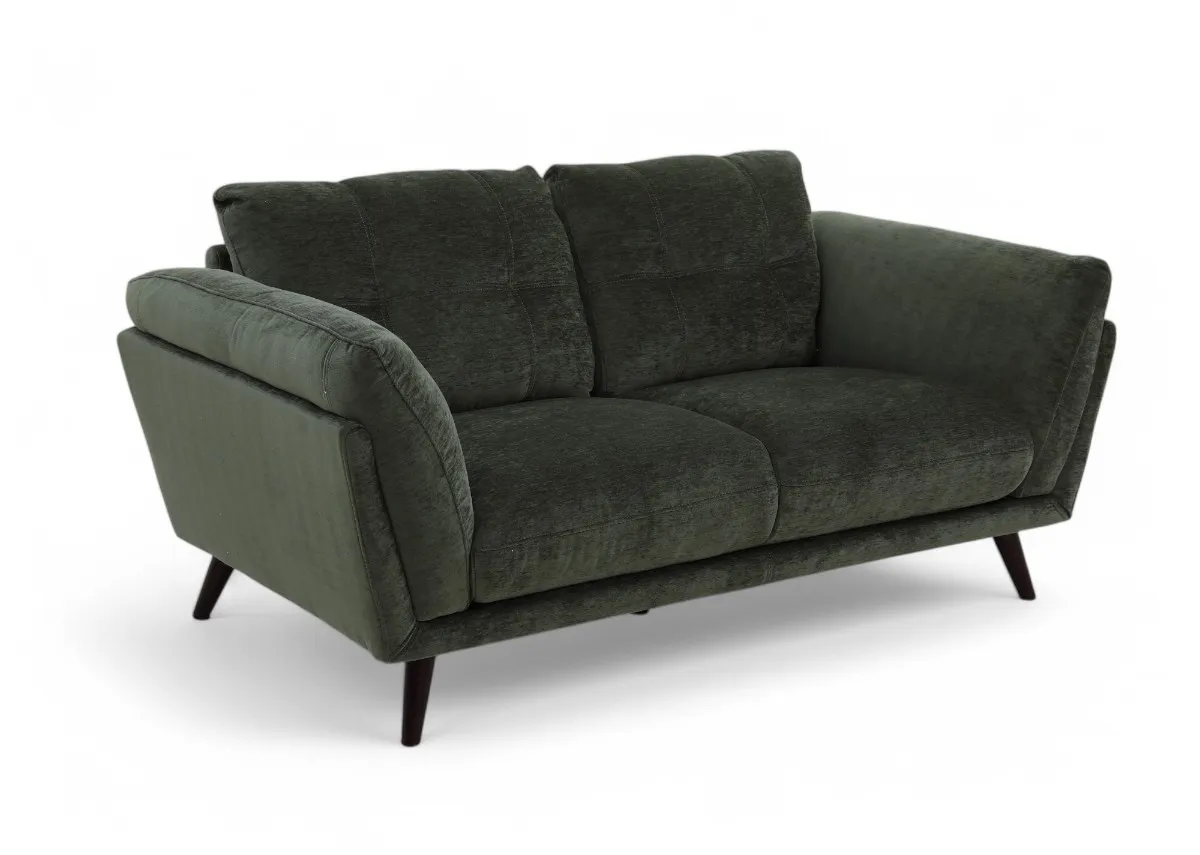 A green fabric 2 seater sofa from EZ Livings Toscana range. Angled view