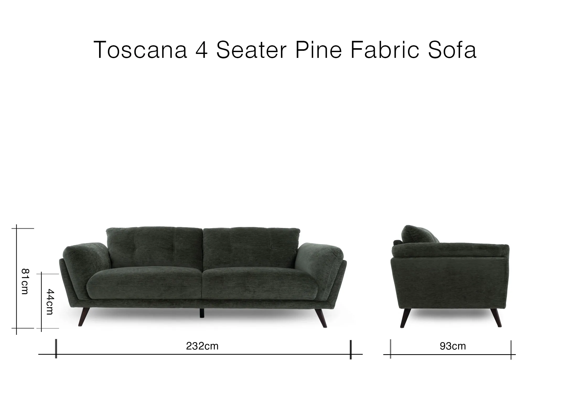 A dimension image of the Toscana 4 Seater sofa with 232cm x 93cm x 81cm