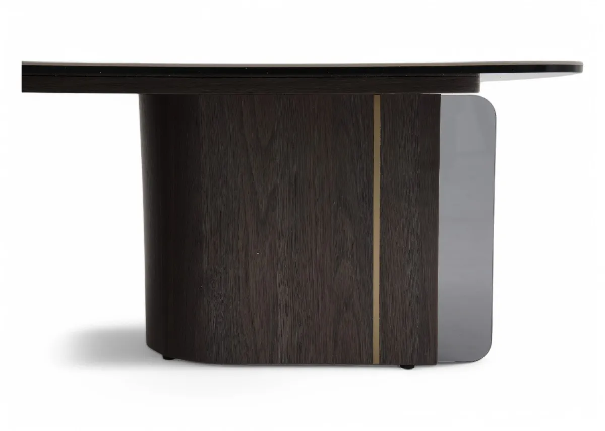 A ceramic top coffee table with wood base from EZ Livings Blanco range. Side view