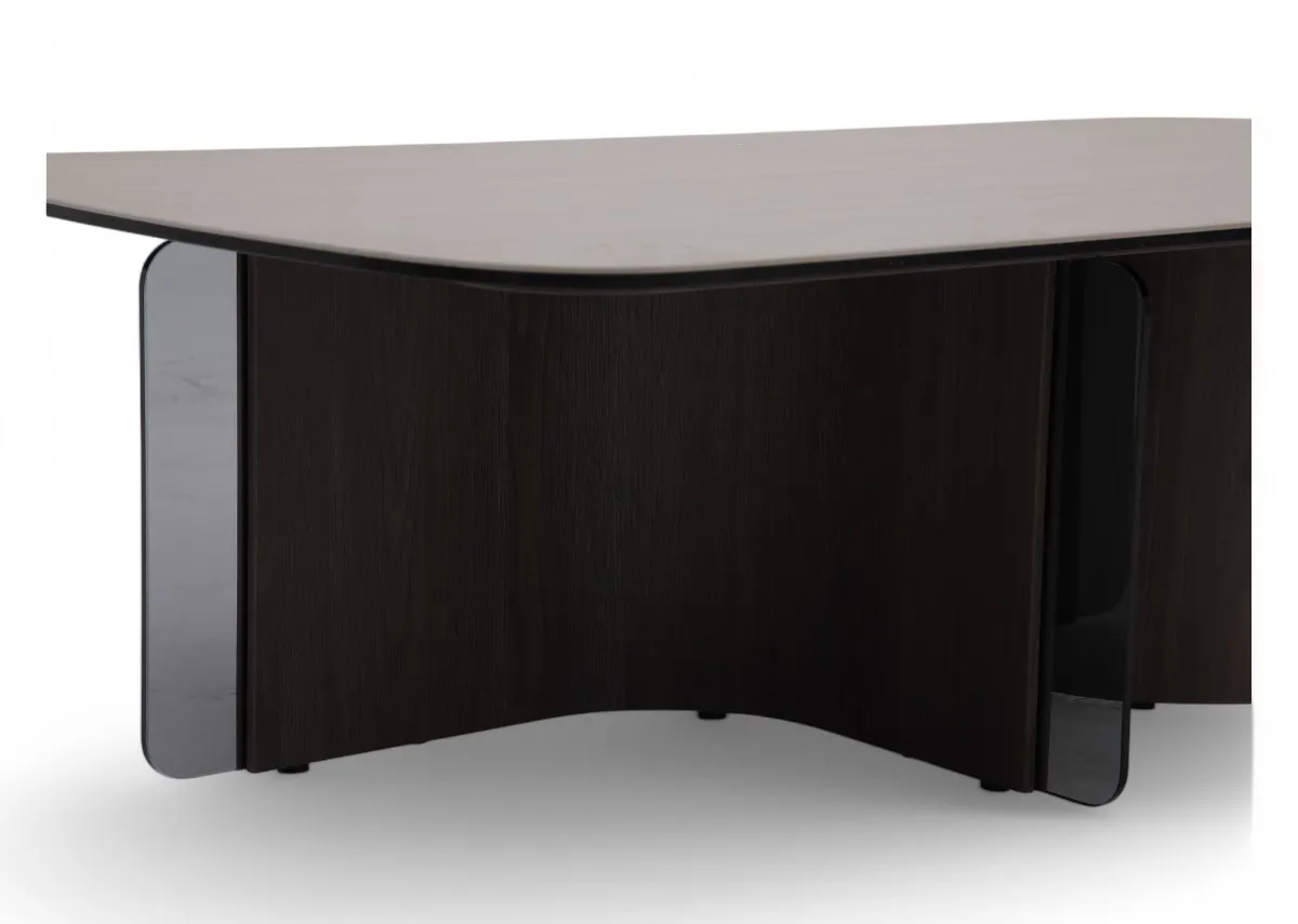 A ceramic top coffee table with wood base from EZ Livings Blanco range. Closeup of dark top