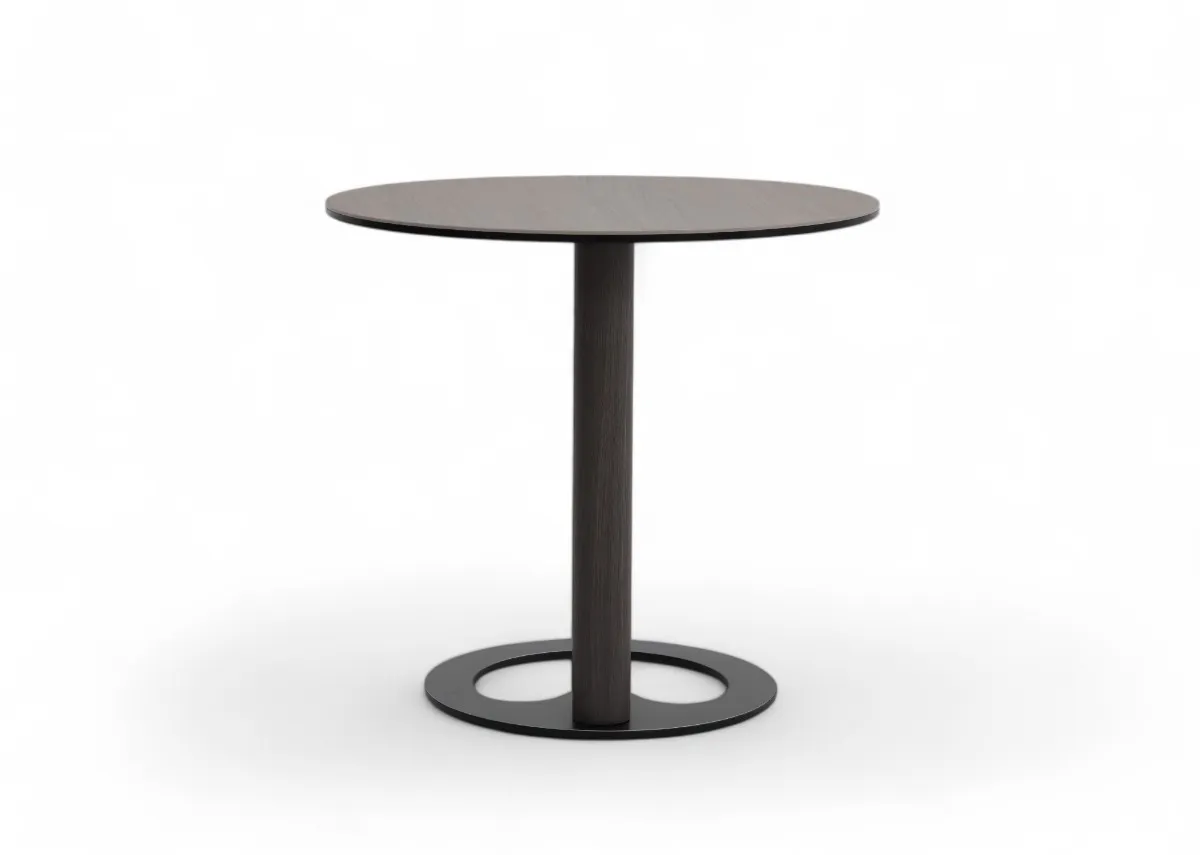 A ceramic top sofa table from EZ Livings Blanco range.Front view of long stem and round base