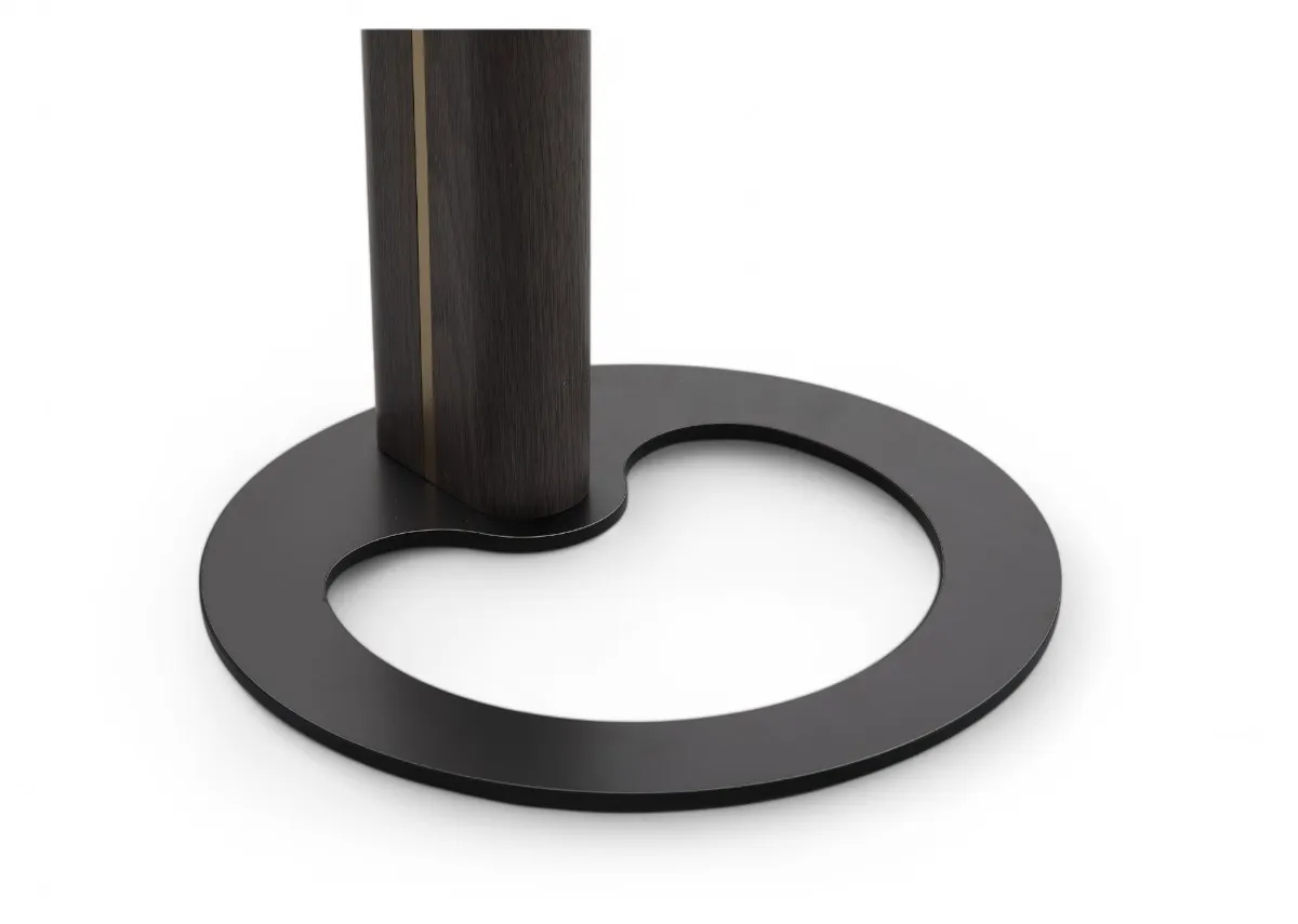 A ceramic top sofa table from EZ Livings Blanco range. Closeup of round metal base