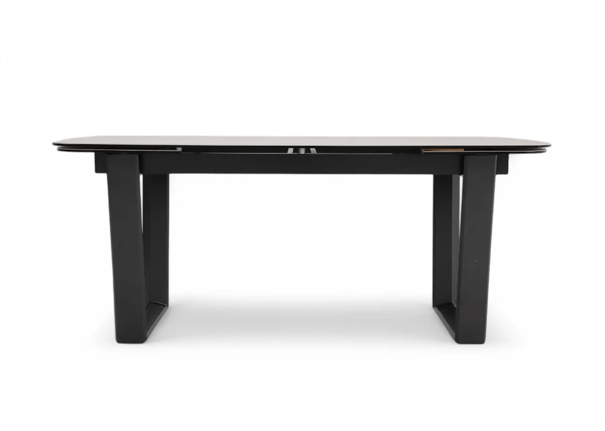 A ceramic top and metal frame dining table from EZ Livings Tempo Range. Front view of table fixed at 180cm