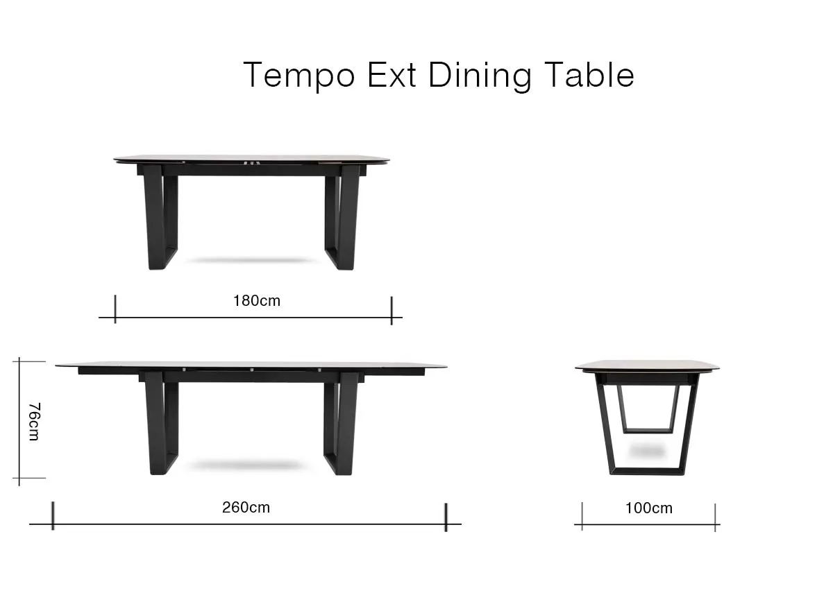 A dimension image of the temp Ext Dining Table with 180cm - 260cm x 100cm x 76cm