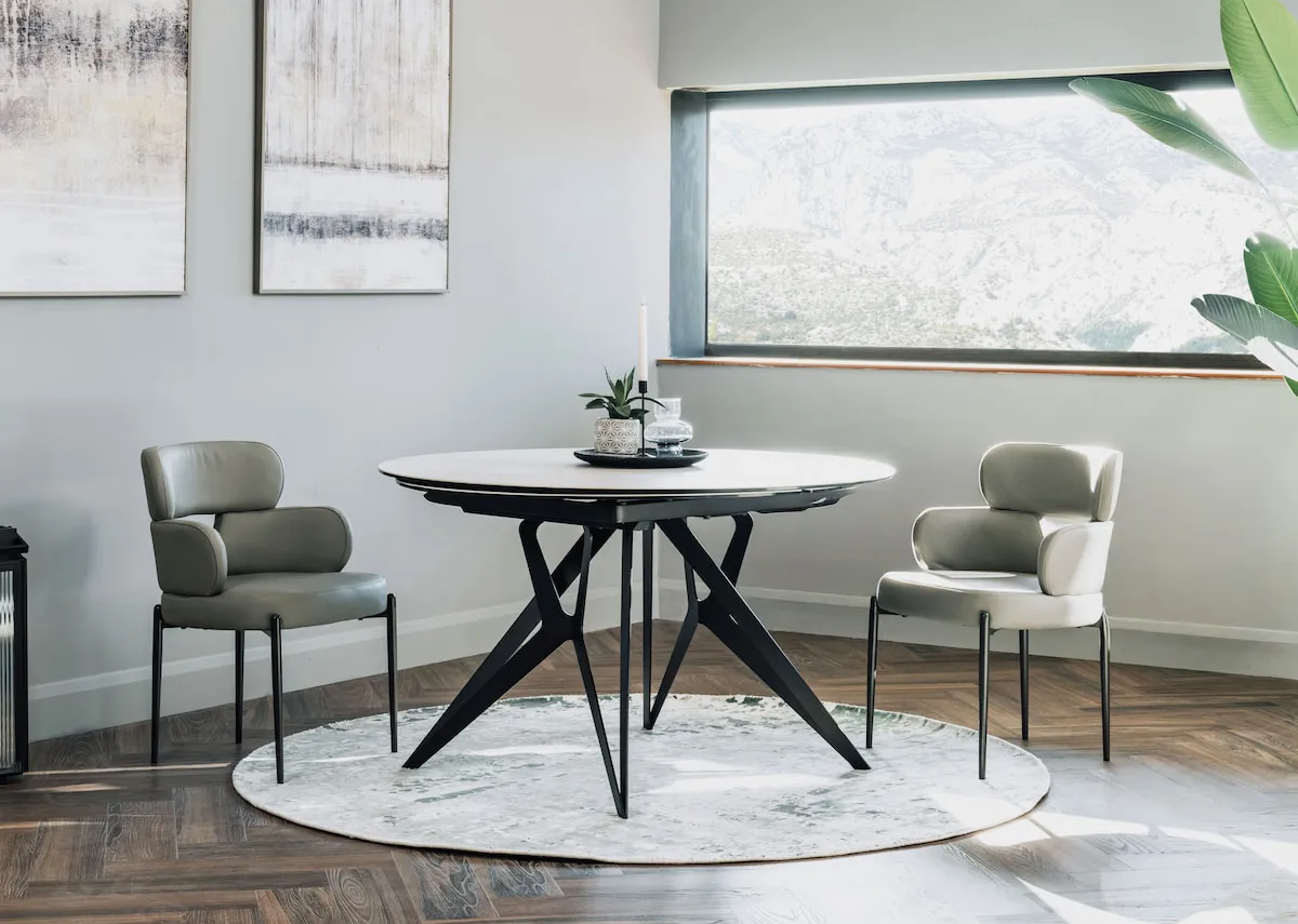 A ceramic top dining table from EZ Livings Fusion range. Closeup of extension leaf