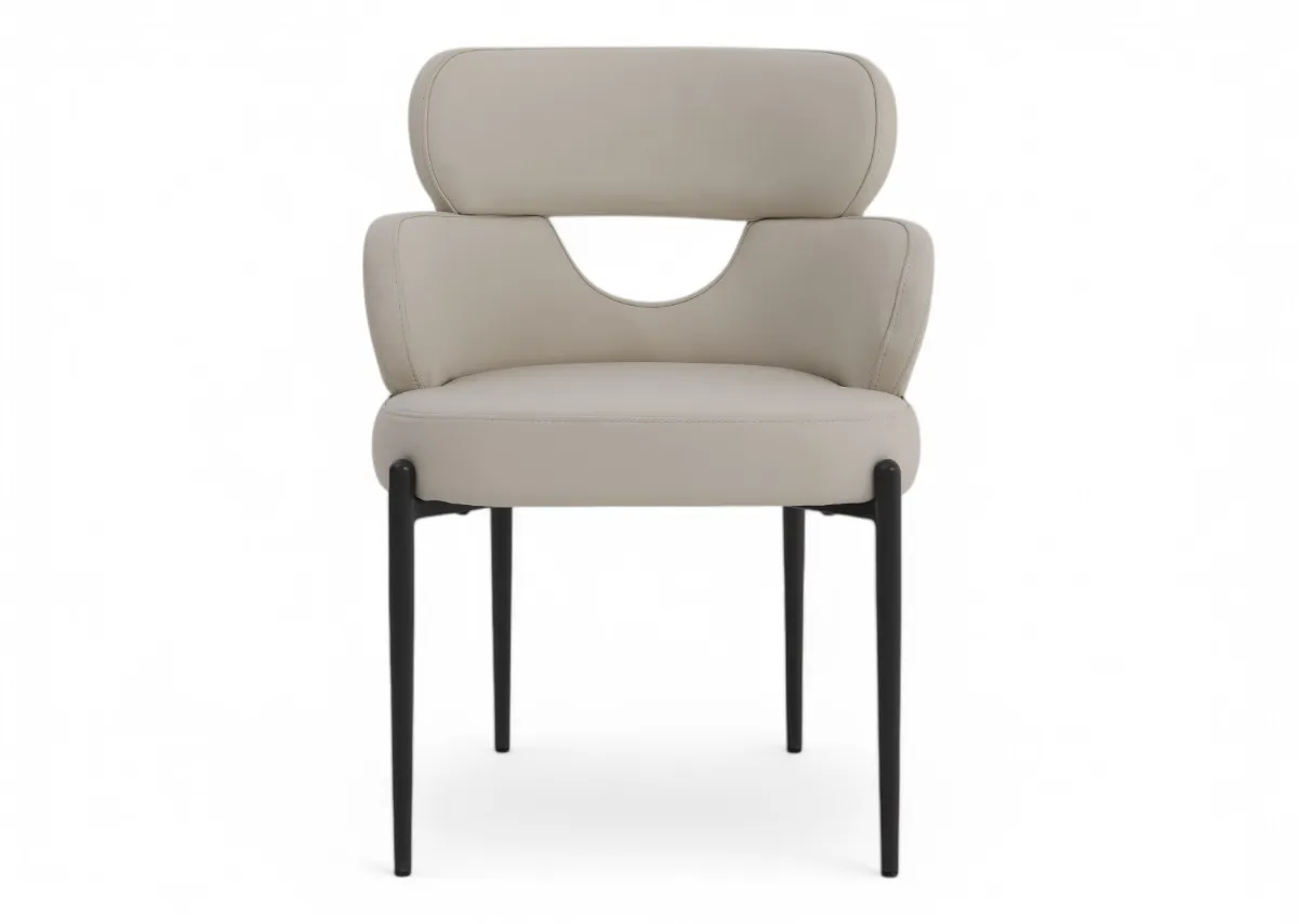 An off white leather dining chair with metal legs from EZ Livings Fusion range. Front view