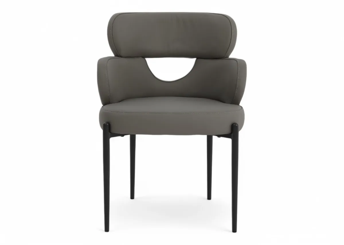A grey leather dining chair with metal legs from EZ Livings Fusion range. Front view