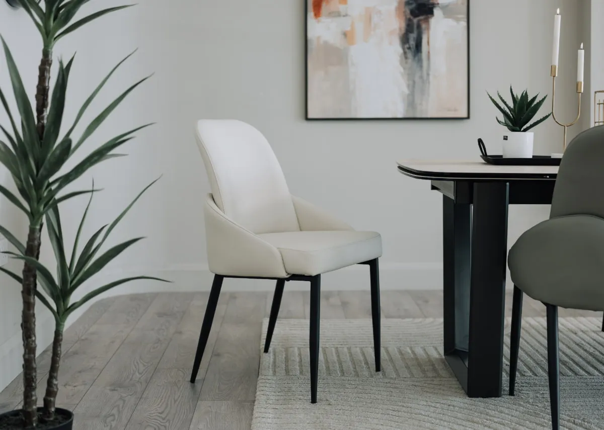 A lifestyle image of the White Temp chair with tempo dining table