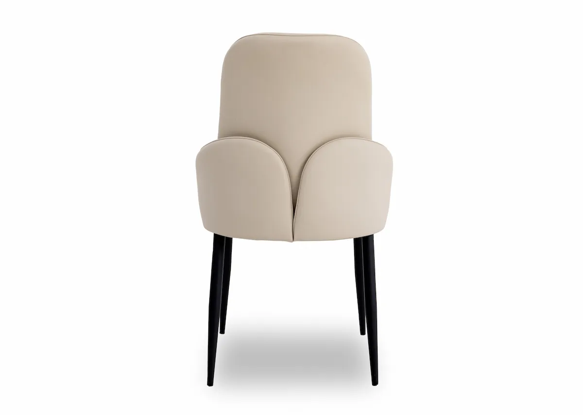 A white faux leather dining chair from EZ Livings Tempo Range. Back view of curved support on seat
