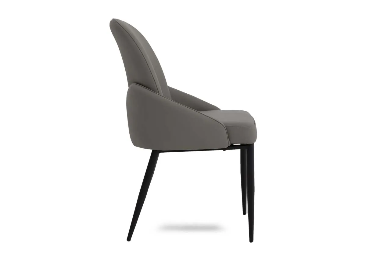 A grey faux leather dining chair from EZ Livings Tempo range. Side view of covered sides and back