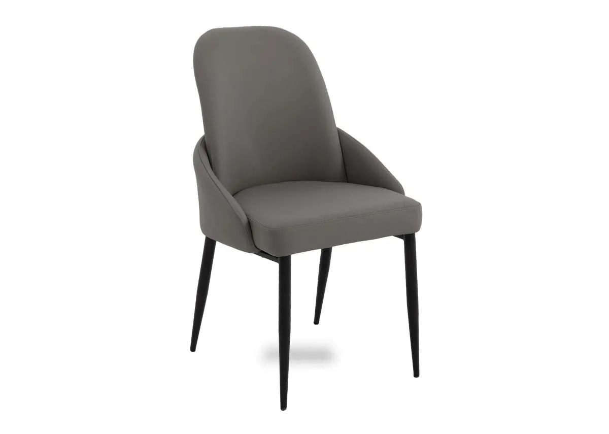 A grey faux leather dining chair from EZ Livings Tempo range. Angled view of black metal legs.