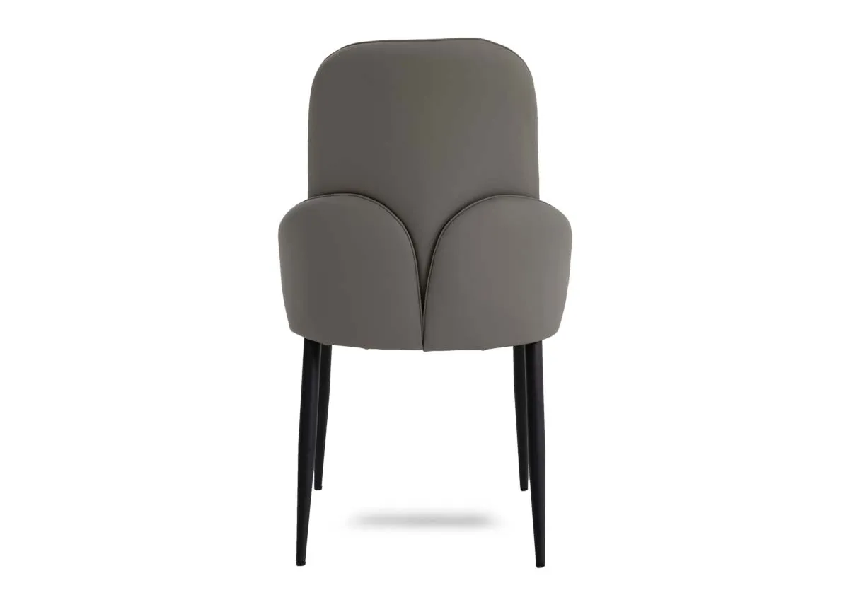 A grey faux leather dining chair from EZ Livings Tempo range. Back view of curved detail on seat back