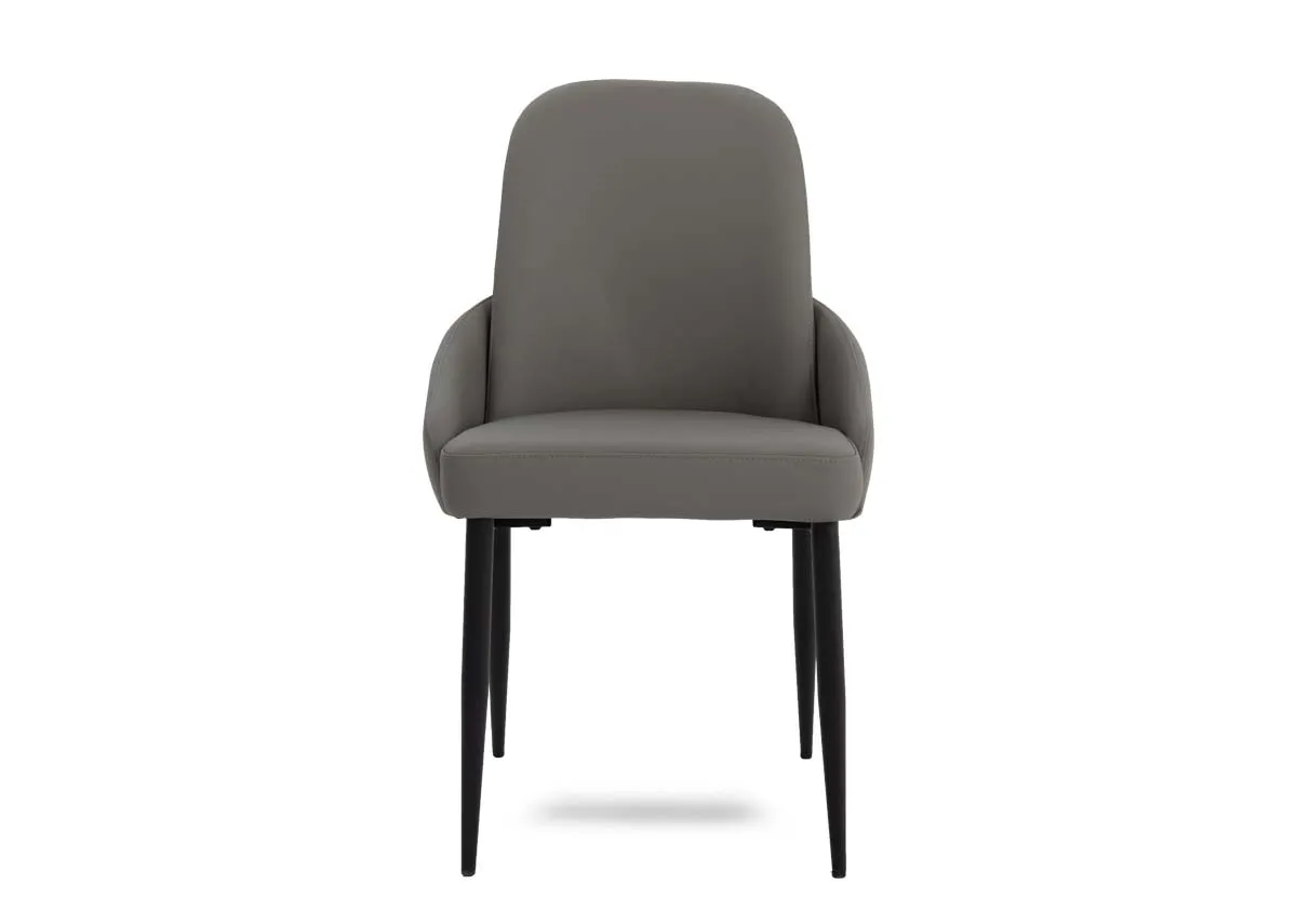 A grey faux leather dining chair from EZ Livings Tempo range. Front view of foam seat and back.