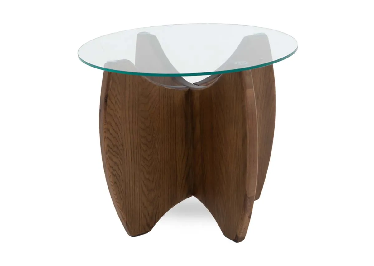 A round smoked oak lamp table with glass top from EZ Livings Atrium range. Angled view