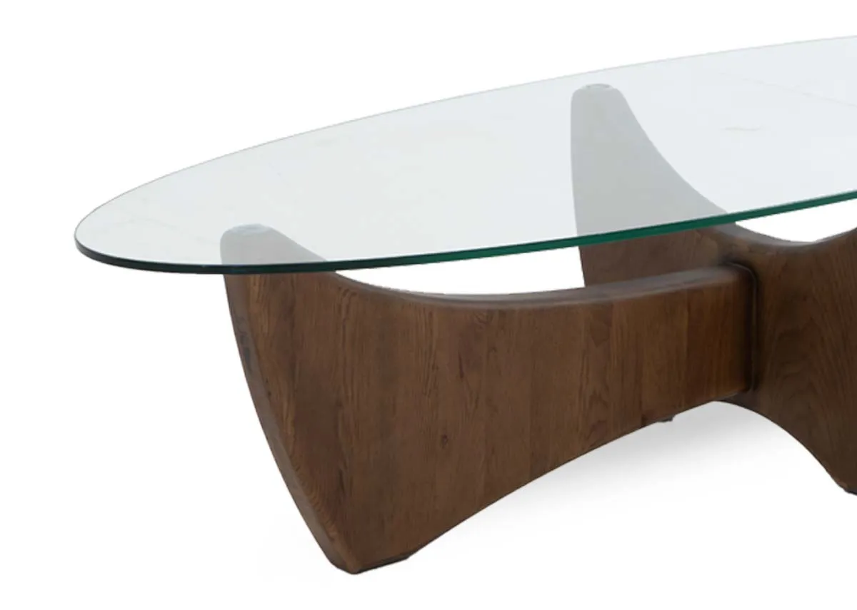 A smoked oak oval coffee table with glass top from EZ Livings Atrium range.