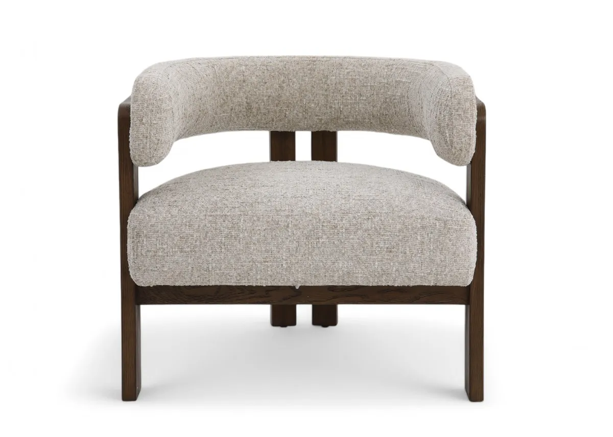 A curved rich oak accent chair with beige seat and backrest from EZ Livings Noma range. Front view
