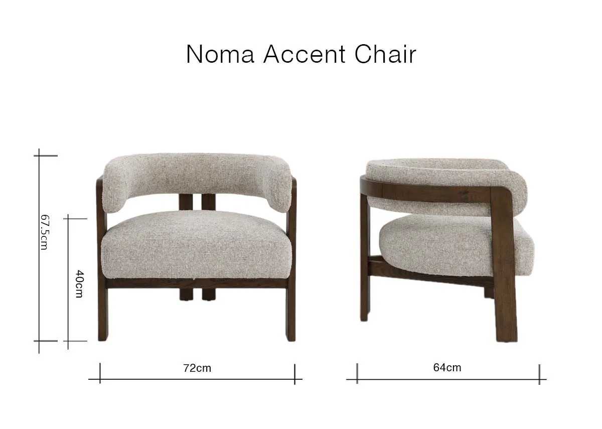 A dimension image of the Noma Accent Chair with 72cm x 64cm x 67.5cm