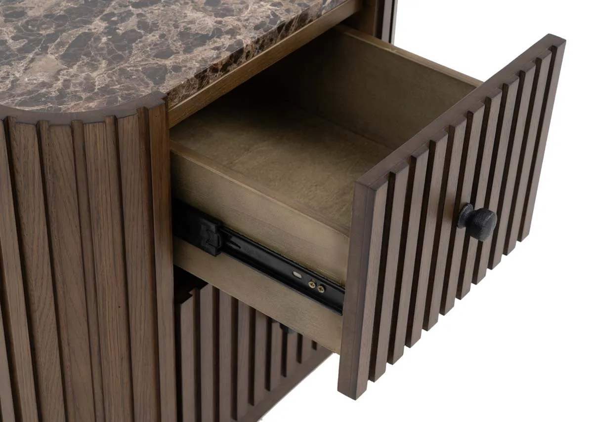 A dark brown locker from EZ Livings Jacob range.Closeup of slat wood finish