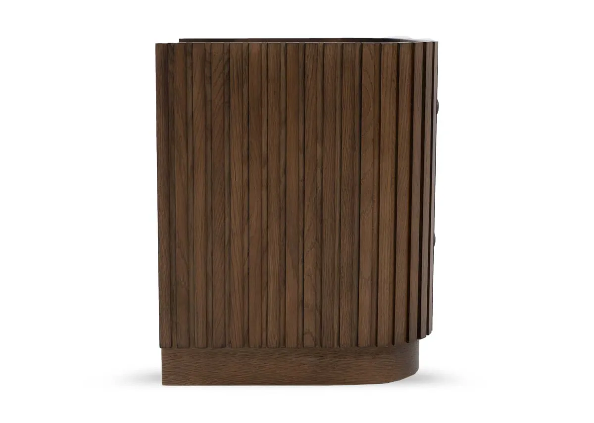 A dark brown locker from EZ Livings Jacob range.Side view of smoked oak textured