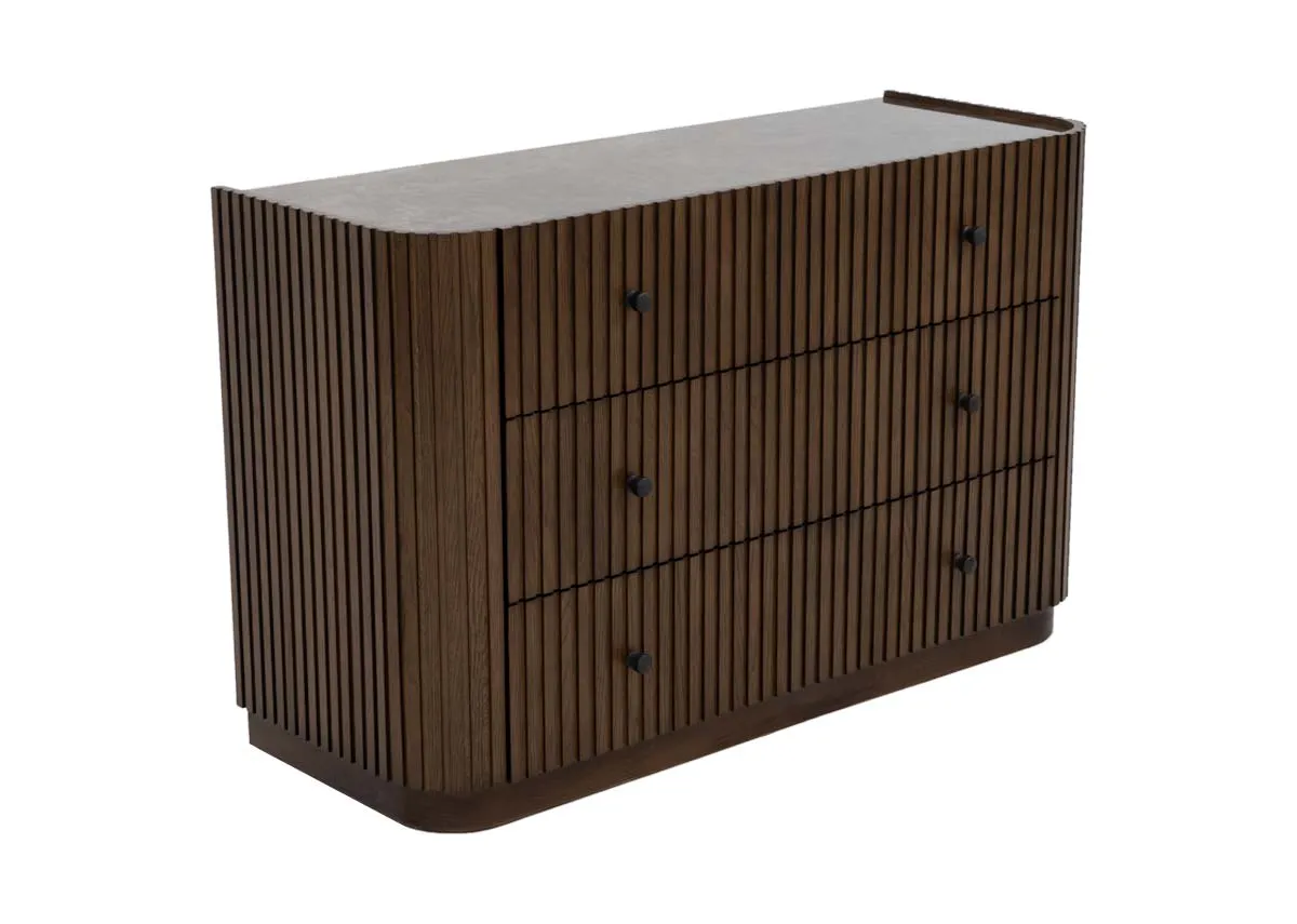 A 3 drawer dark brown chest of drawers from EZ Livings Jacob range. Angled view