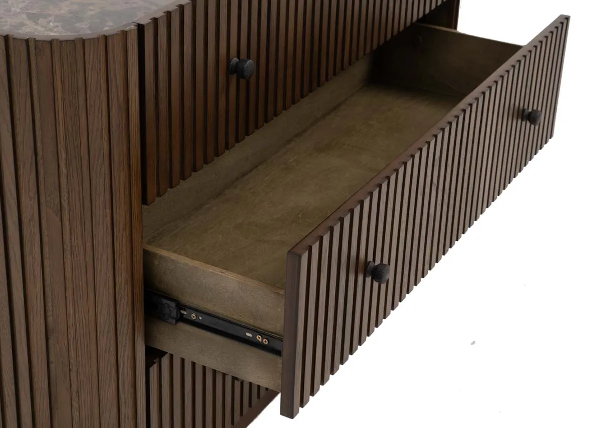 A 3 drawer dark brown chest of drawers from EZ Livings Jacob range. Closeup of drawer open