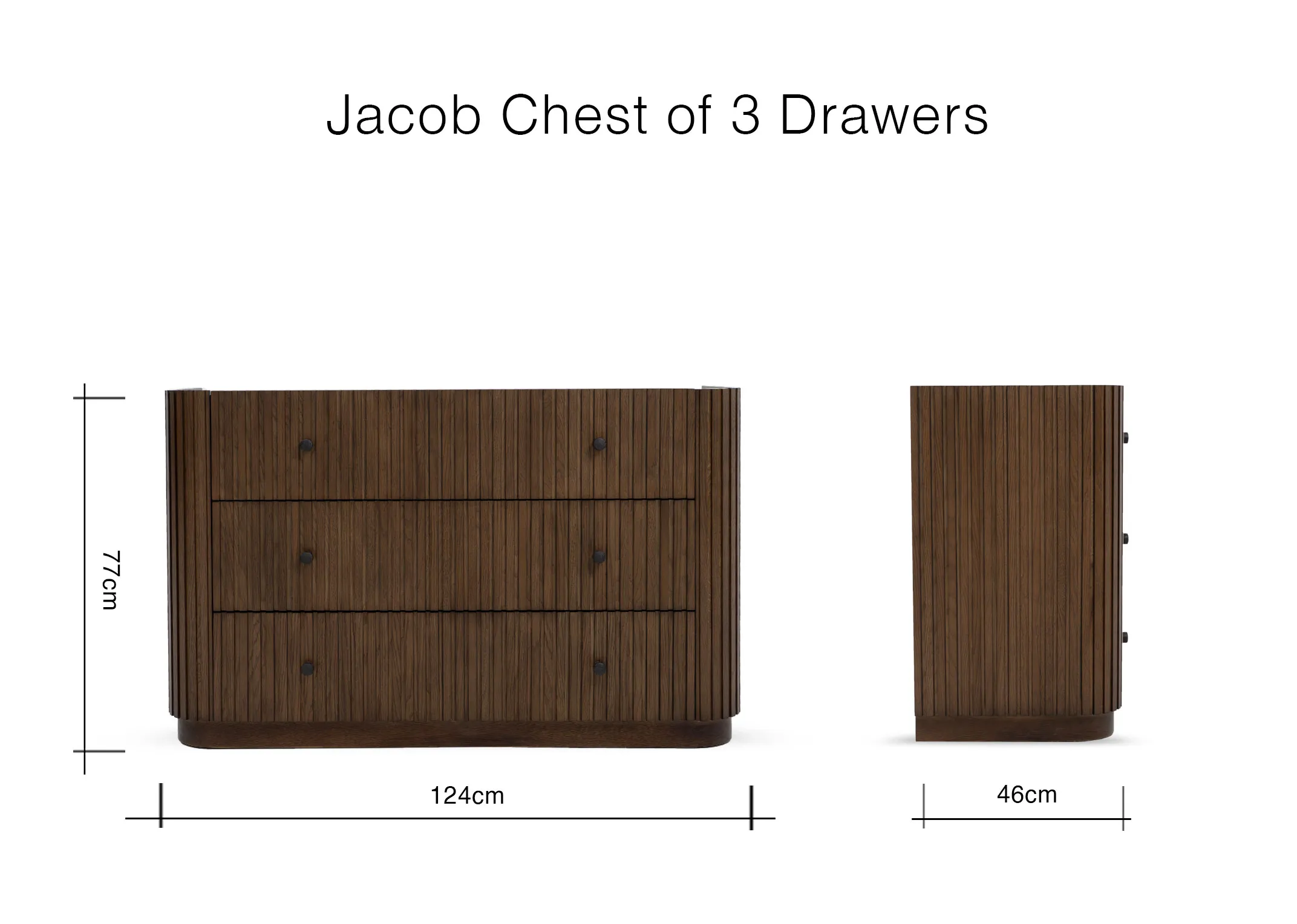 A dimension image of the Jacob 3 Drawer chest with 124cm x 46cm x 77cm