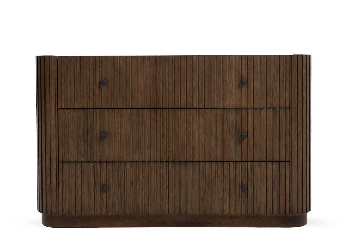 A 3 drawer dark brown chest of drawers from EZ Livings Jacob range. Front view of pannelled fascia