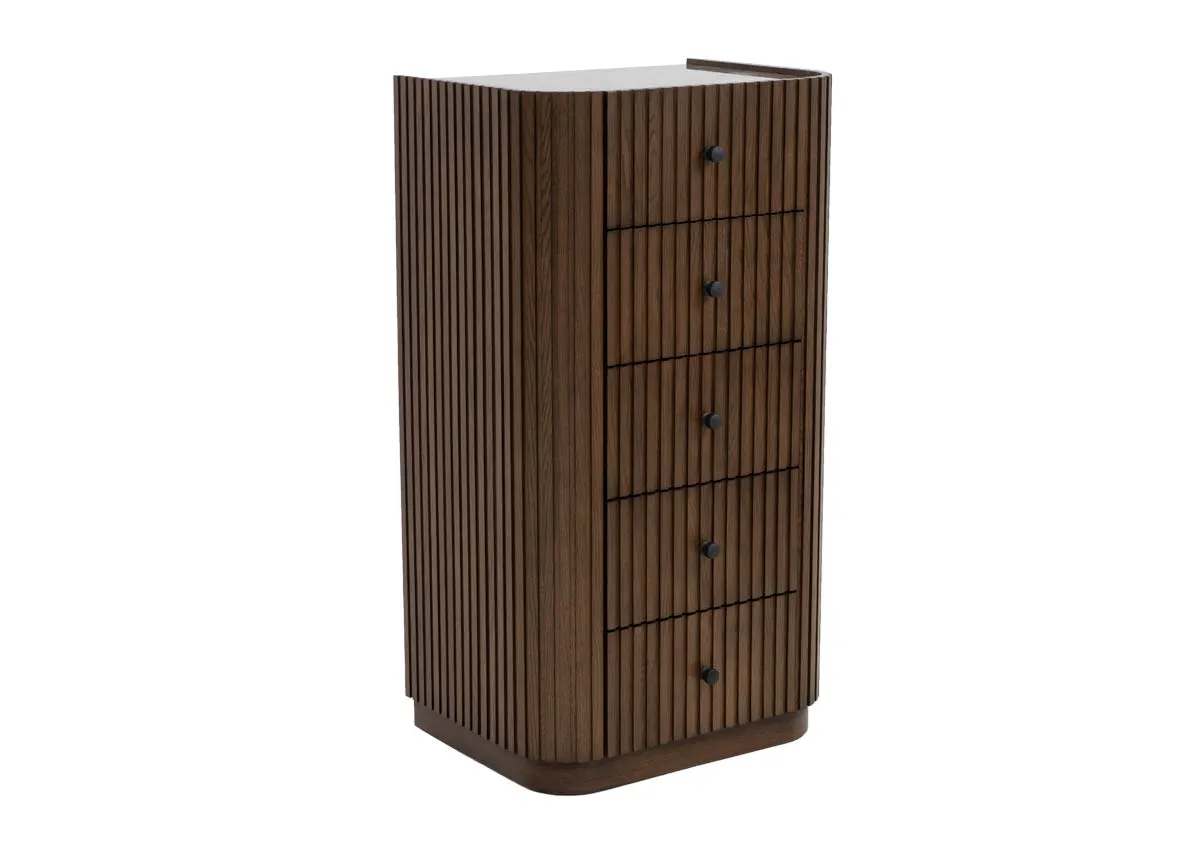 A 5 drawer tallboy from EZ Livings Jacob range. Angled view of paneled finish.