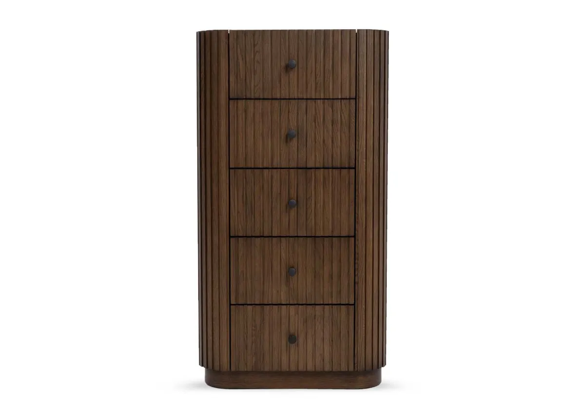 A 5 drawer tallboy from EZ Livings Jacob range. Front view of round metal handles