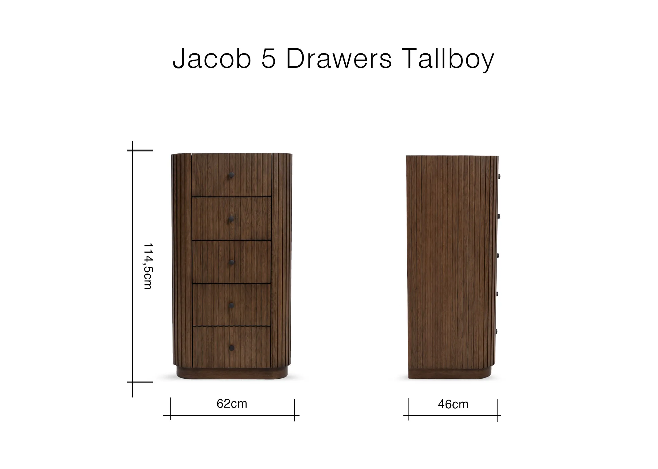A dimension image of the Jacob Tallboy with 62cm x 46.5cm x 114.5cm