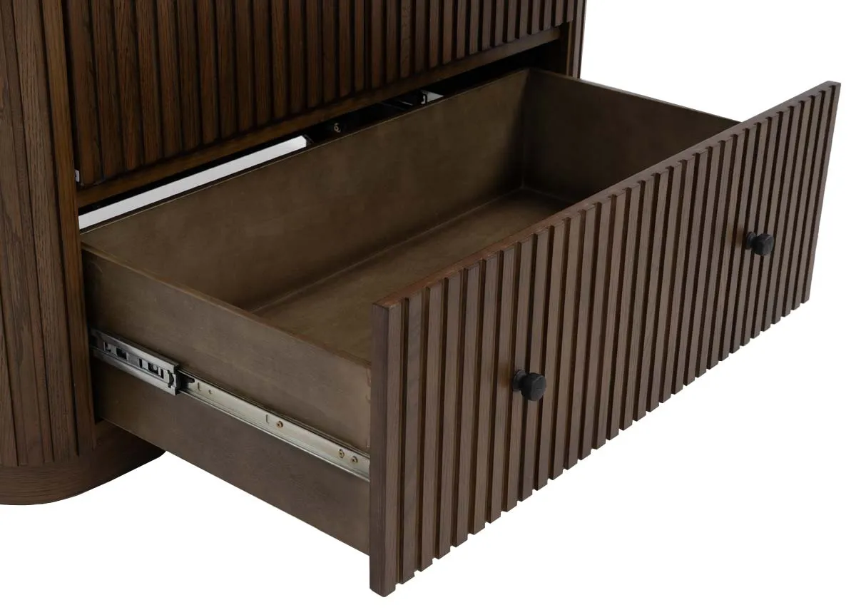 A dark brown 2 door wardrobe from EZ Livings Jacob range. Closeup of open drawer