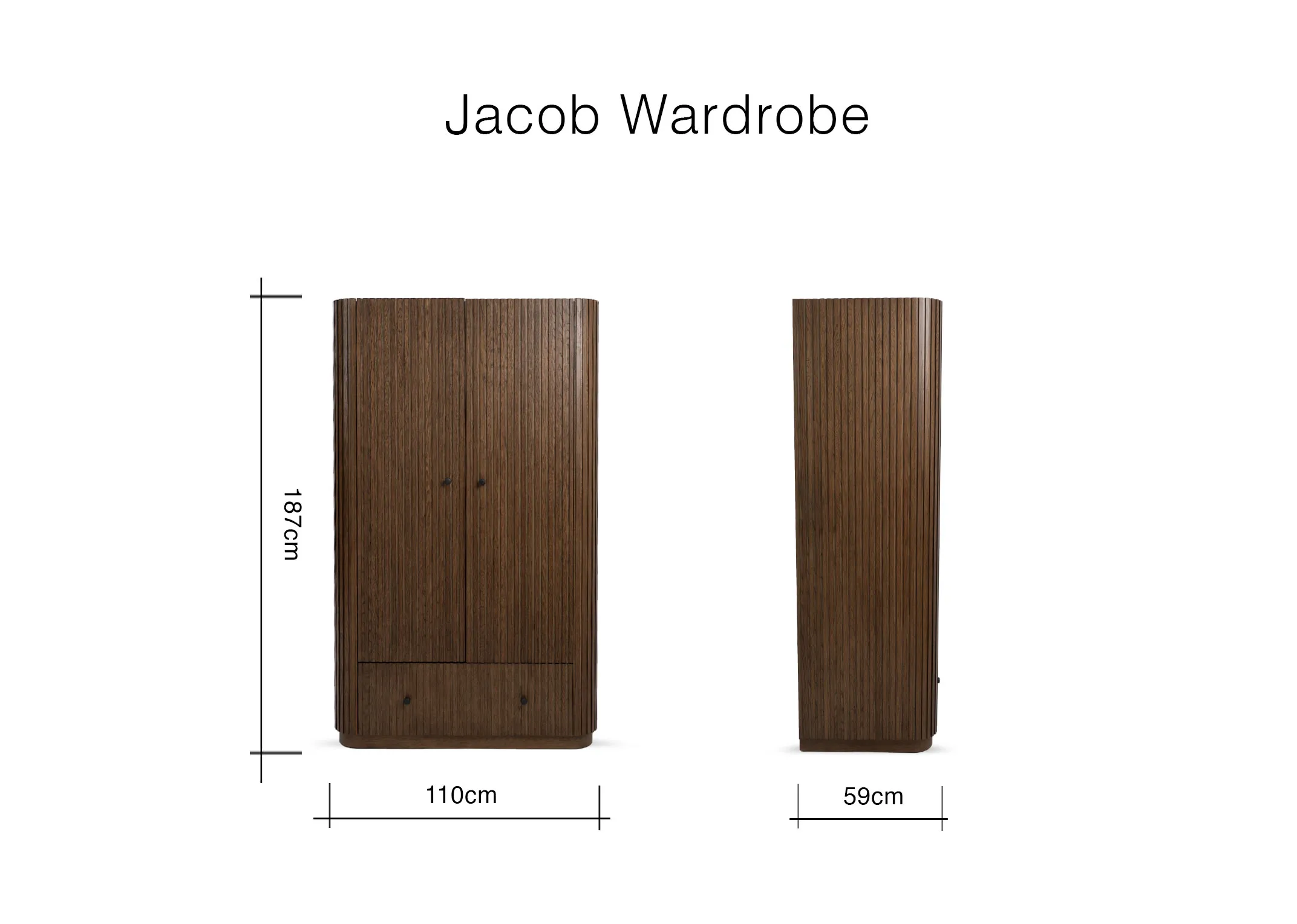 A dimension image of the Jacob wardrobe with 110cm x 187cm