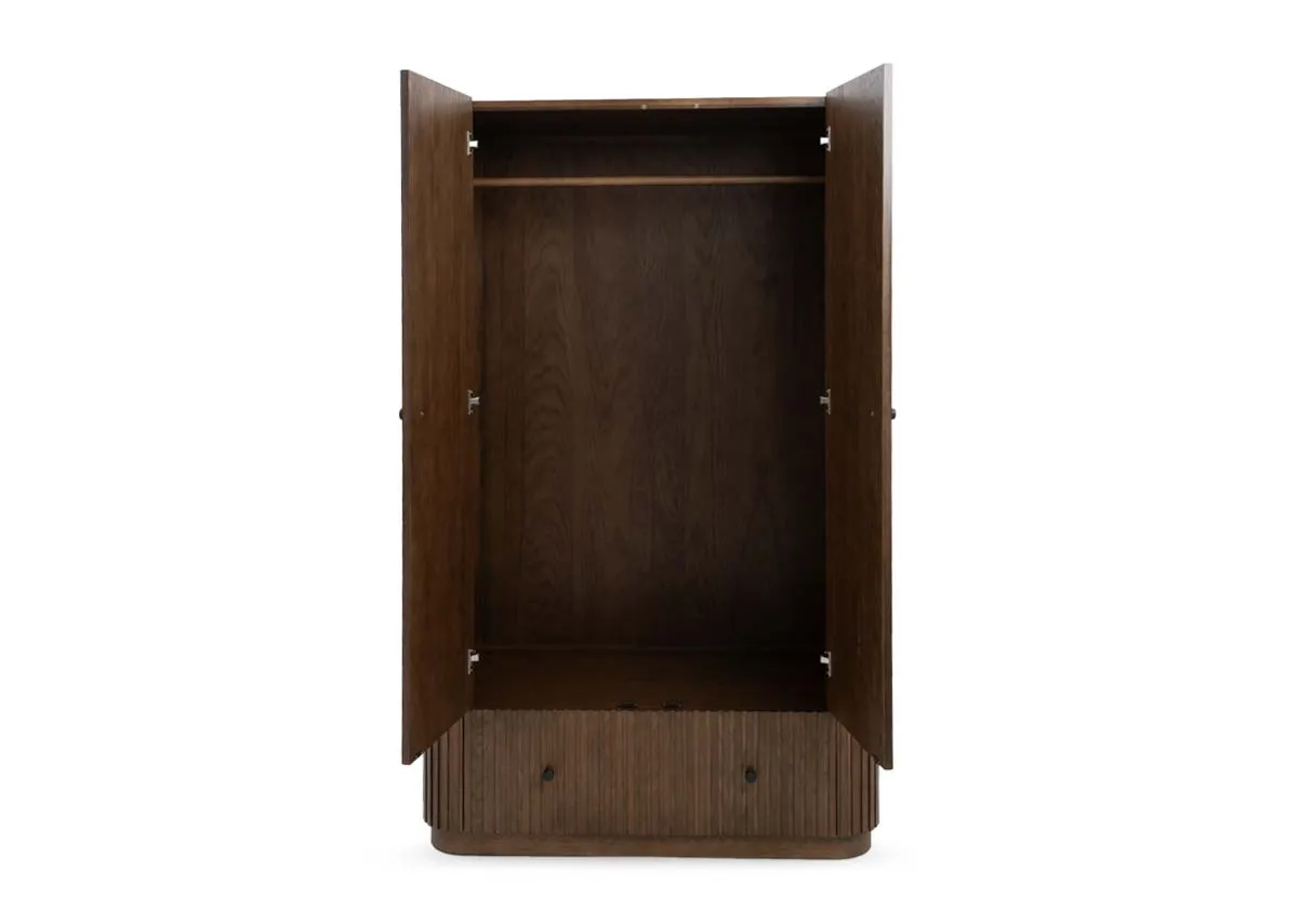 A dark brown 2 door wardrobe from EZ Livings Jacob range. Doors open show storage and hanging space