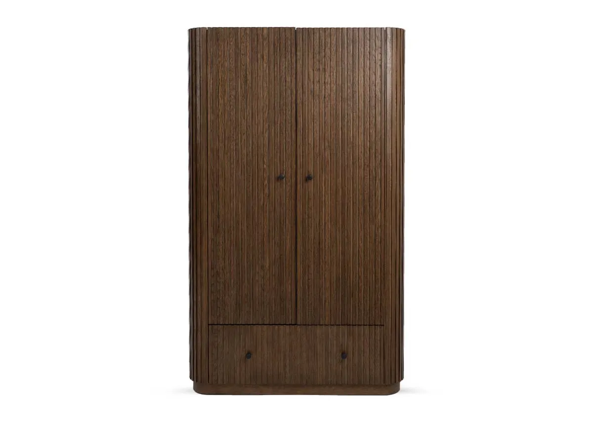 A dark brown 2 door wardrobe from EZ Livings Jacob range. Front view of curved panelled doors.