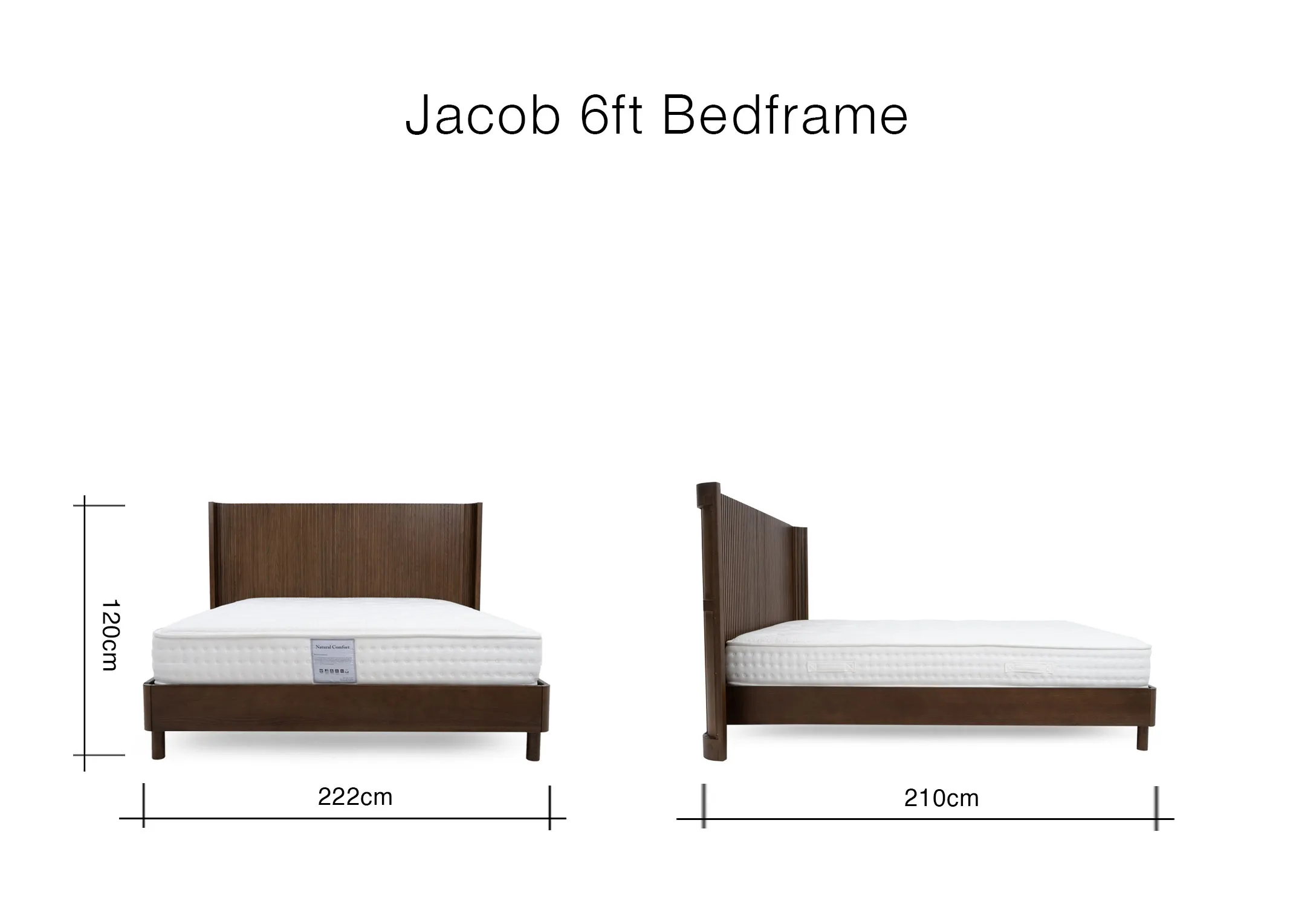 A dimension image of the Jacob bedframe with 222cm x 210cm