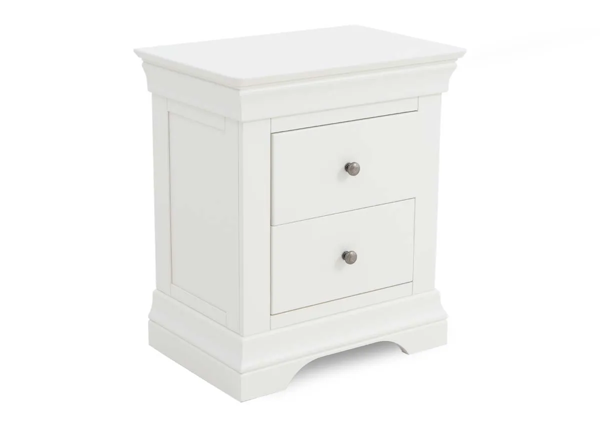 A white 2 drawer locker from EZ Livings Dove range. Angled view of classic shape and gloss finish.
