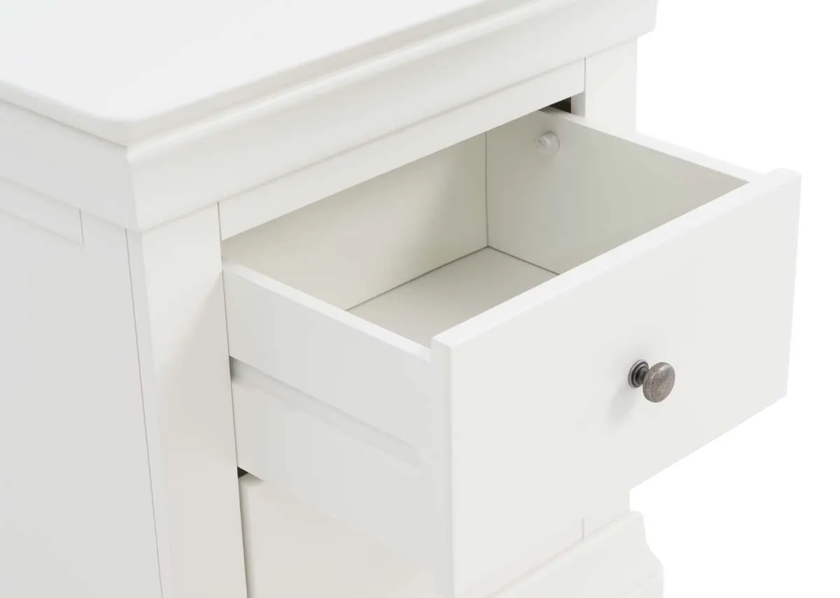 A white 2 drawer locker from EZ Livings Dove range. Closeup of drawer open