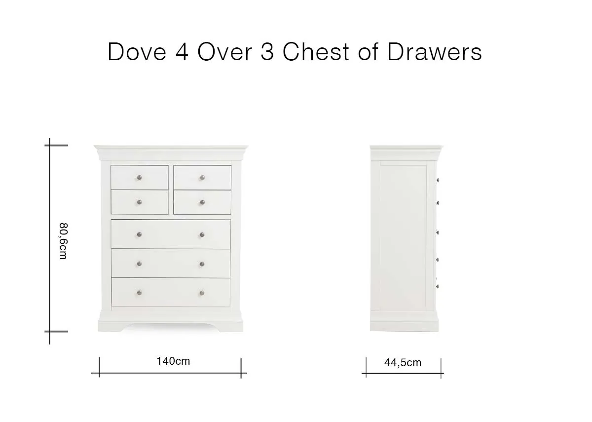 A white chest of 7 drawers from EZ Livings Dove range.Side view